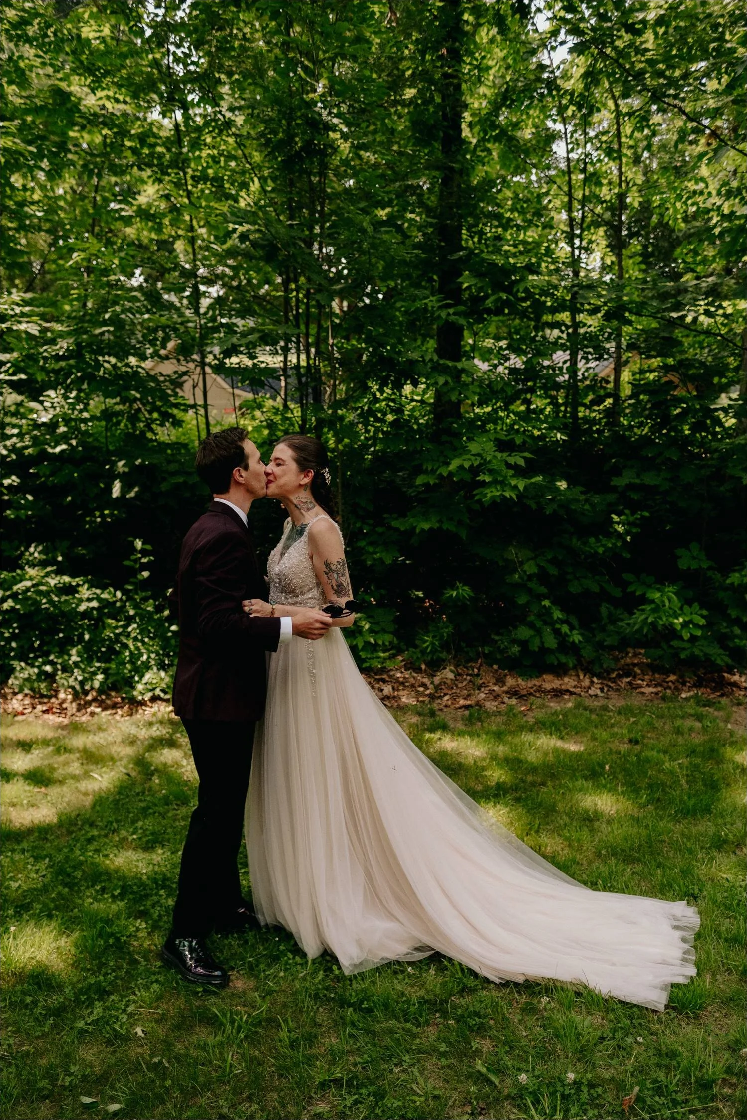 Whitney's Inn Jackson New Hampshire White Mountains Wedding - Tattooed Couple - BHLDN Gown- Jemima Richards