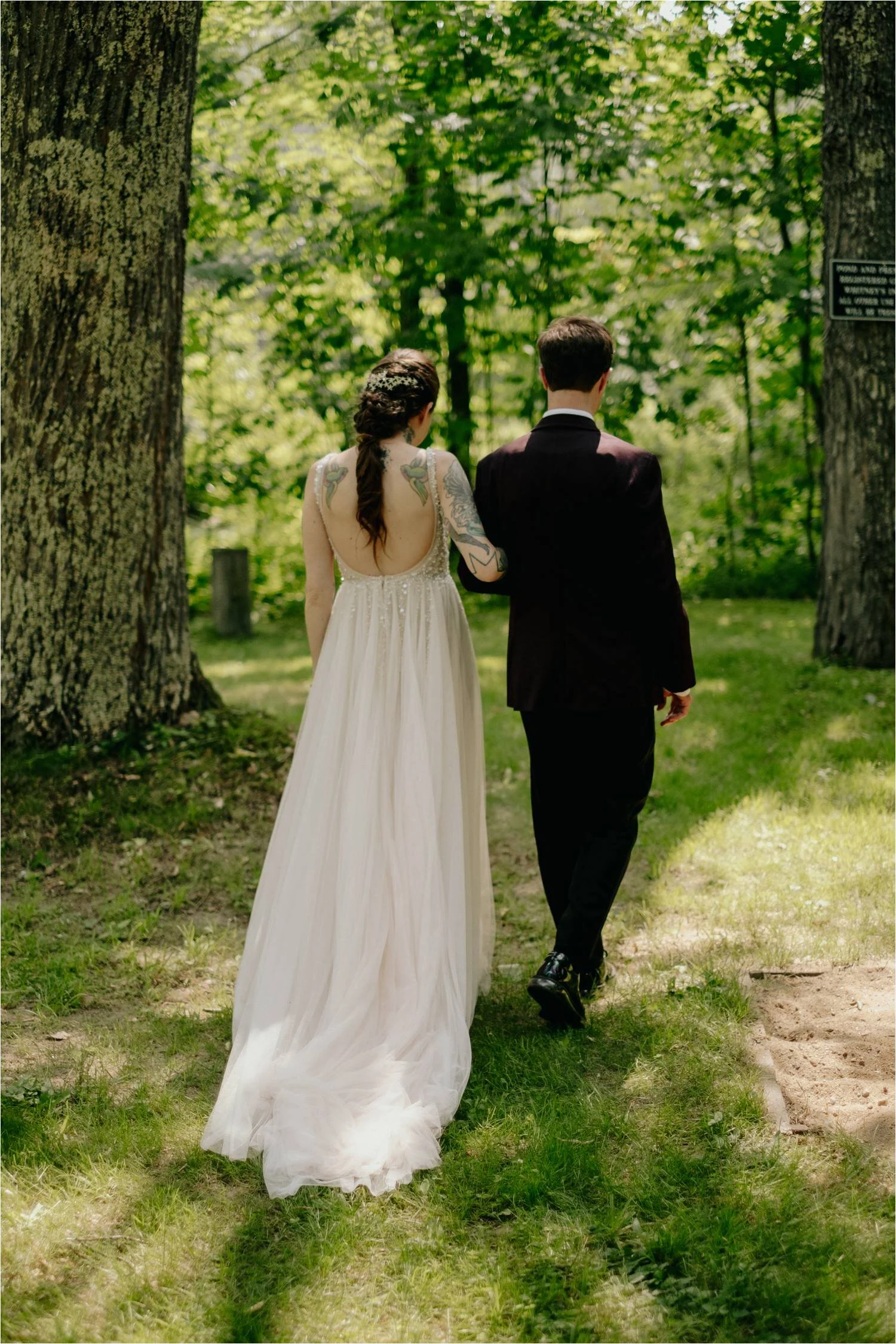 Tattooed Bride wearing BHLDN Wedding Dress during First Look at Whitney's In Jackson New Hampshire - Jemima Richards
