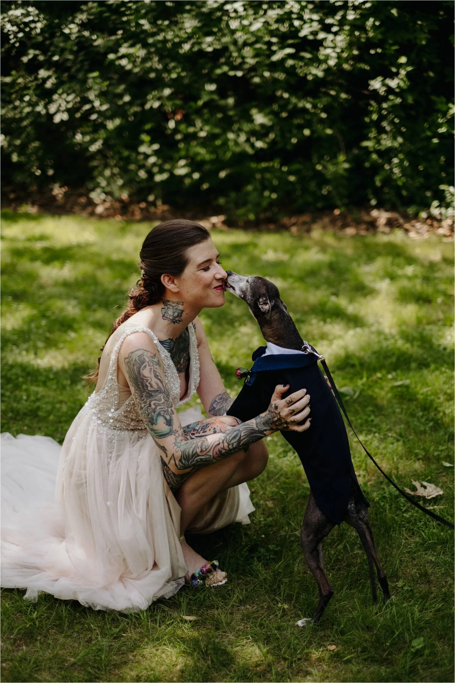 Tattooed Bride wearing BHLDN Wedding Dress during First Look at Whitney's In Jackson New Hampshire - Jemima Richards