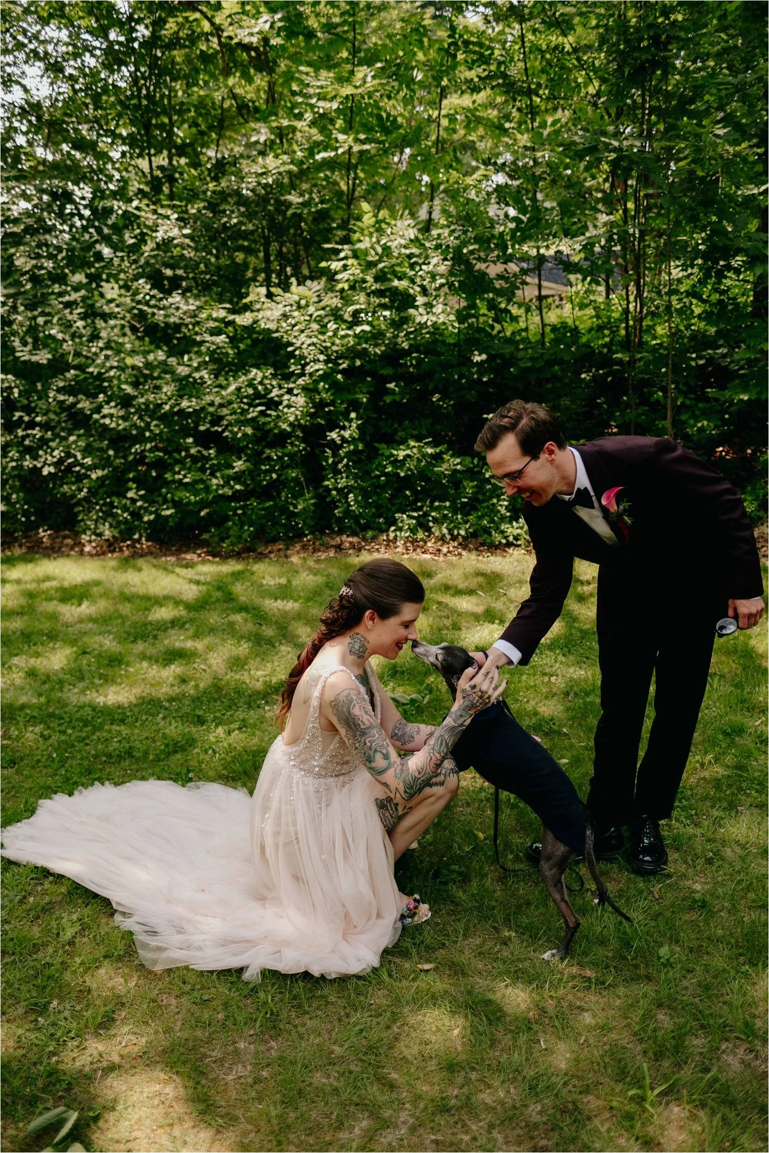 Tattooed Bride wearing BHLDN Wedding Dress during First Look at Whitney's In Jackson New Hampshire - Jemima Richards