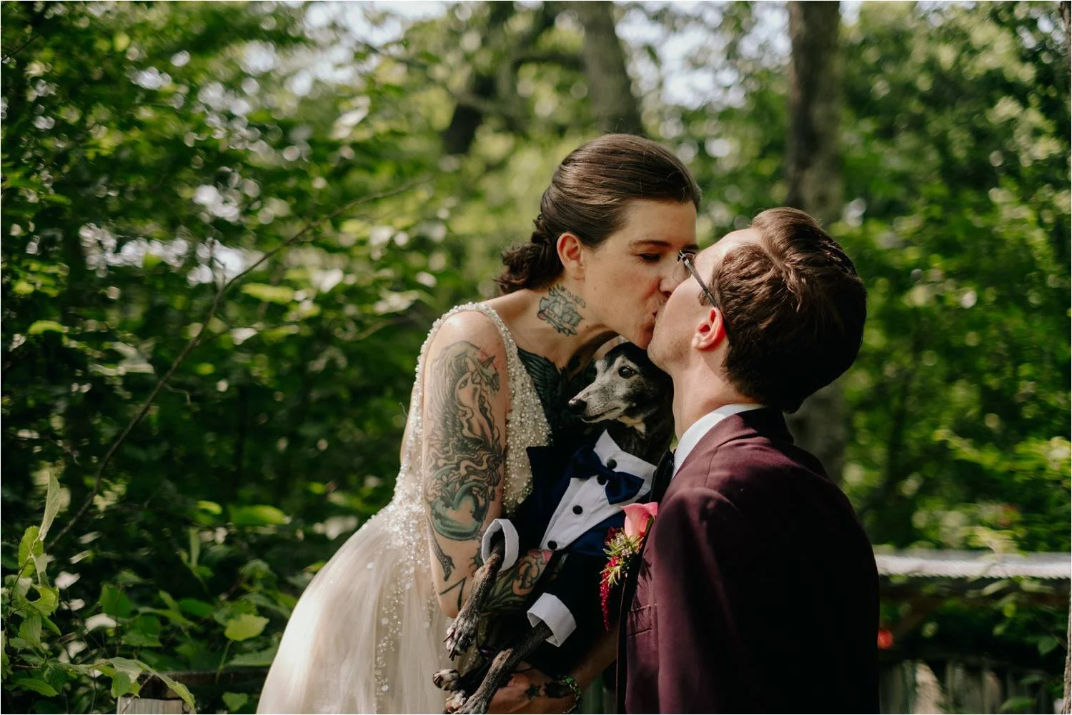 Tattooed Bride wearing BHLDN Wedding Dress during First Look at Whitney's In Jackson New Hampshire - Jemima Richards