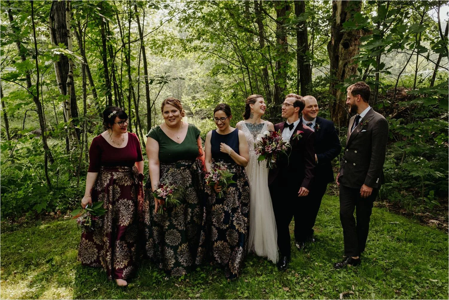 Wedding Party portraits at Whitney's In Jackson New Hampshire - Tatttooed Bride wearing BHLDN wedding dressJemima Richards