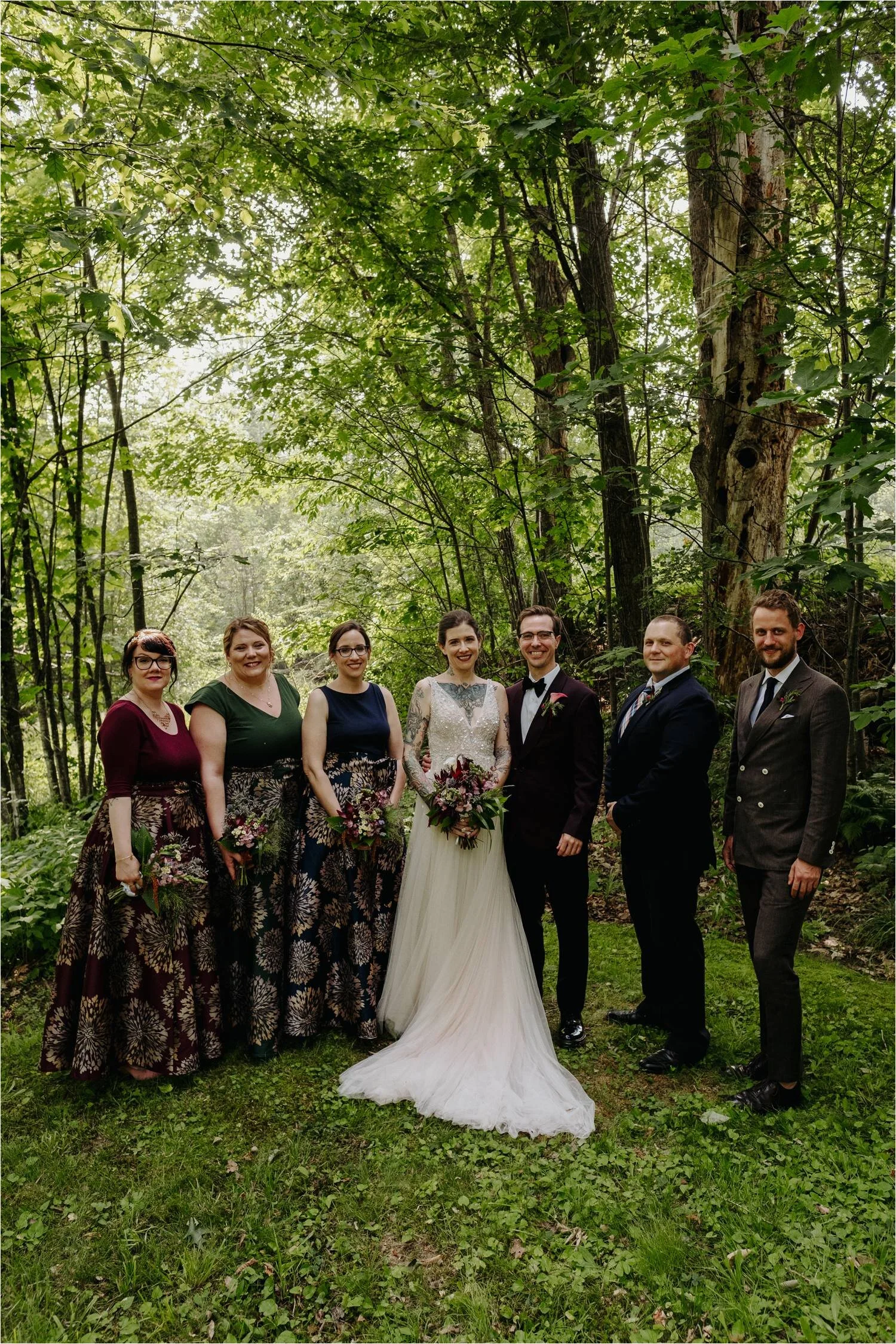 Wedding Party portraits at Whitney's In Jackson New Hampshire - Tatttooed Bride wearing BHLDN wedding dressJemima Richards