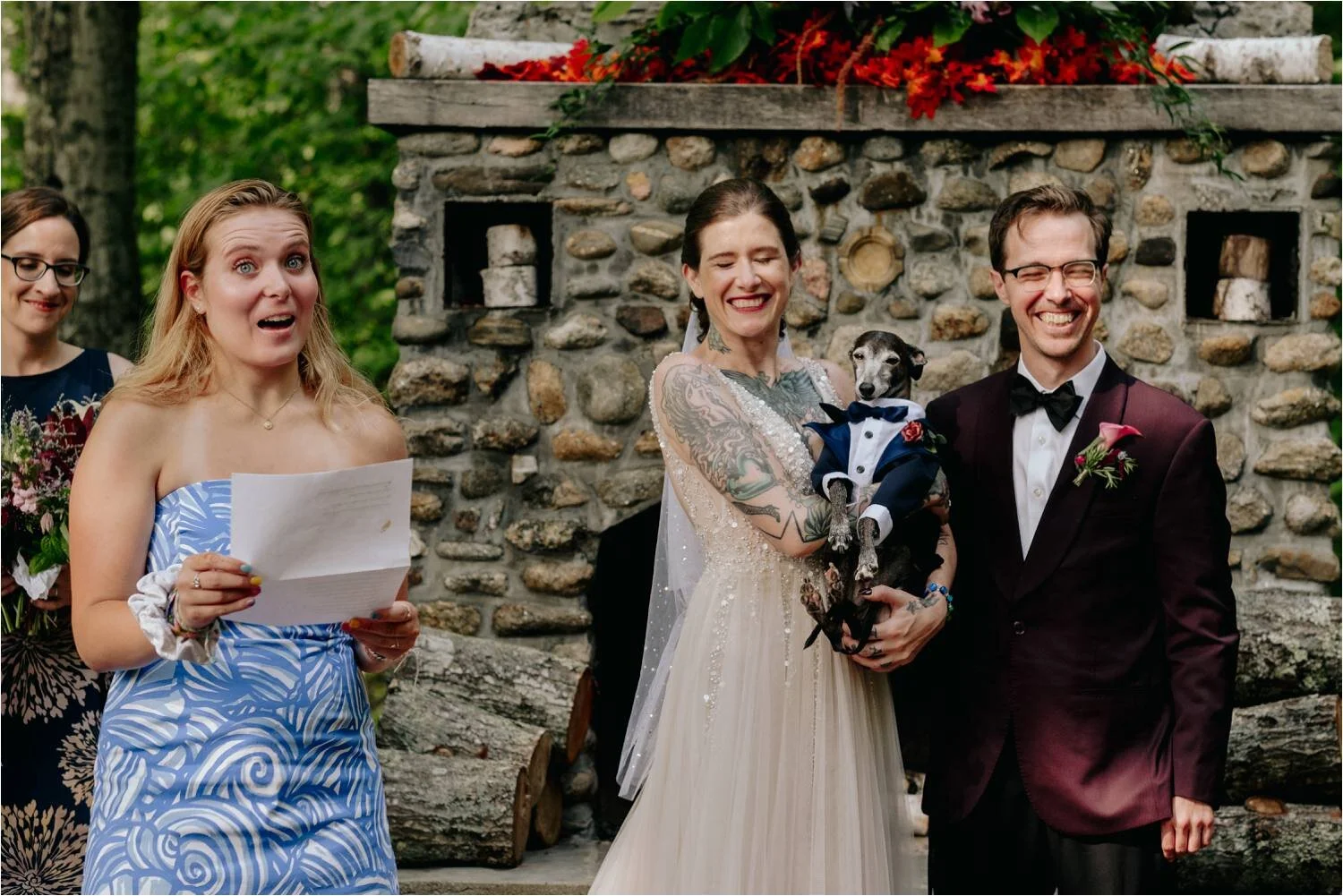 Wedding Ceremony at Whitney's In Jackson New Hampshire - Tattooed Bride wearing BHLDN Wedding Dress - Jemima Richards