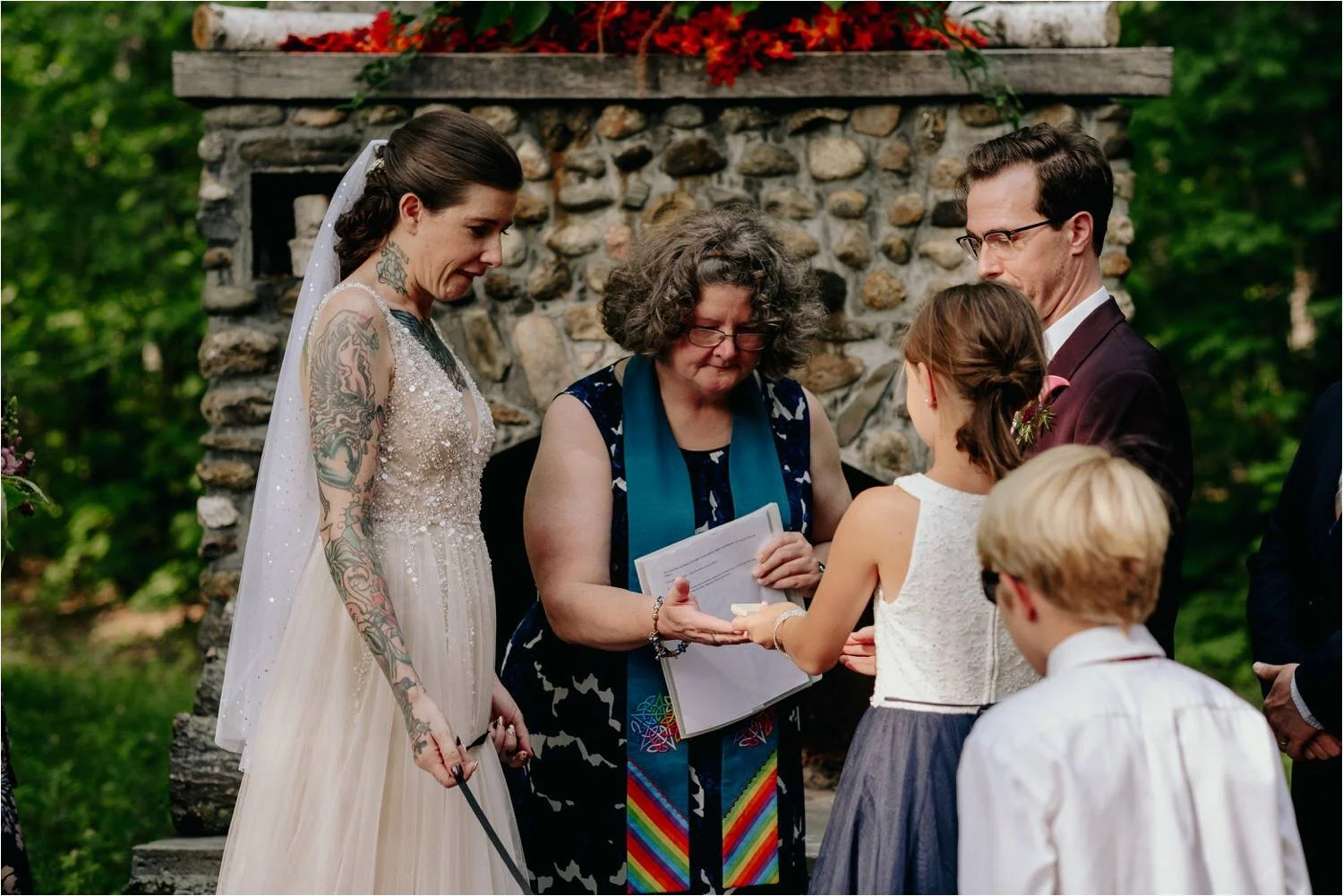 Wedding Ceremony at Whitney's In Jackson New Hampshire - Tattooed Bride wearing BHLDN Wedding Dress - Jemima Richards