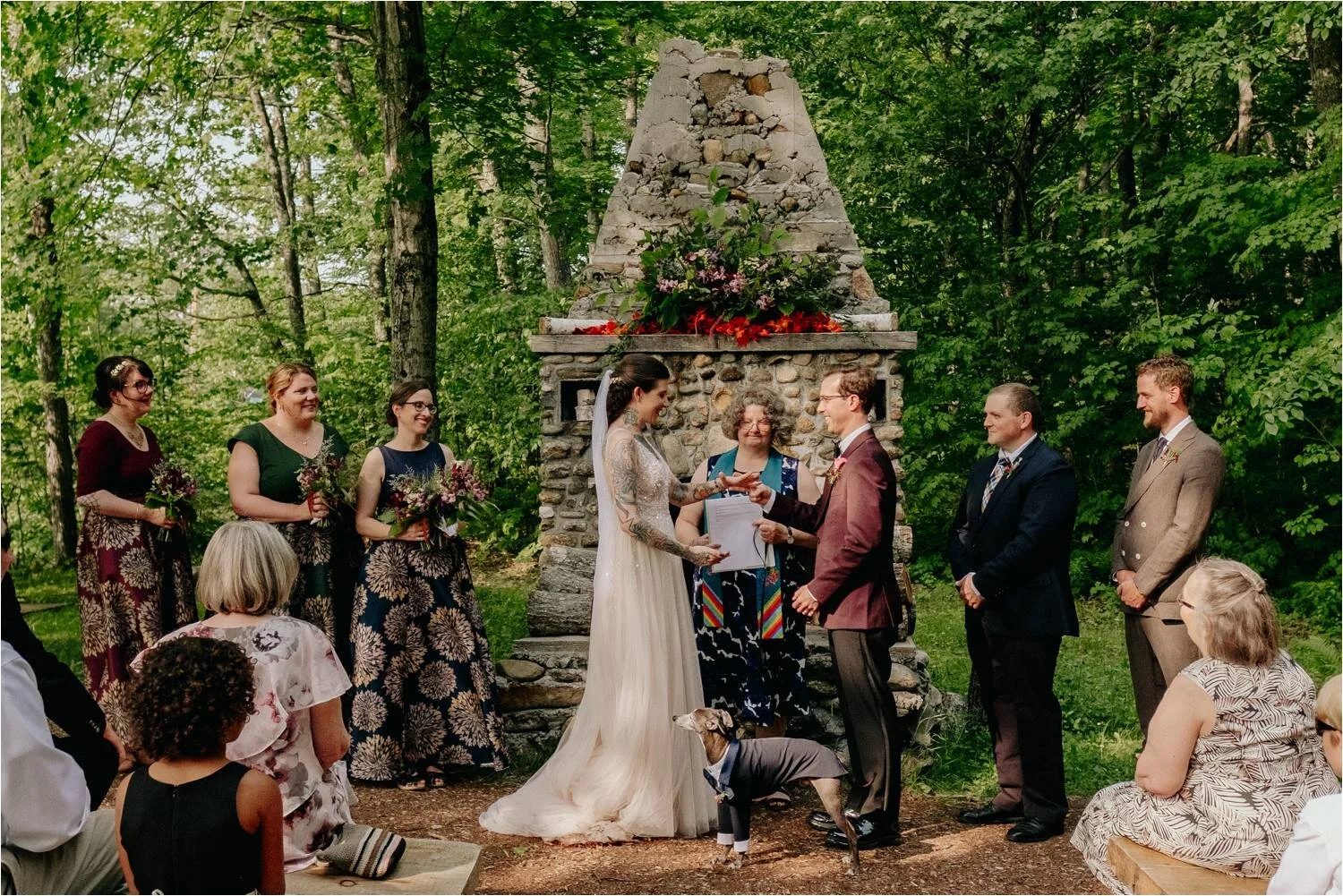Wedding Ceremony at Whitney's In Jackson New Hampshire - Tattooed Bride wearing BHLDN Wedding Dress - Jemima Richards