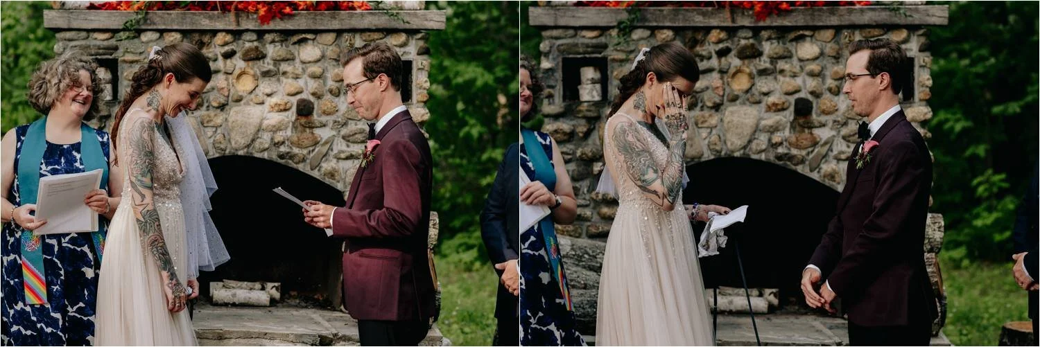 Wedding Ceremony at Whitney's In Jackson New Hampshire - Tattooed Bride wearing BHLDN Wedding Dress - Jemima Richards