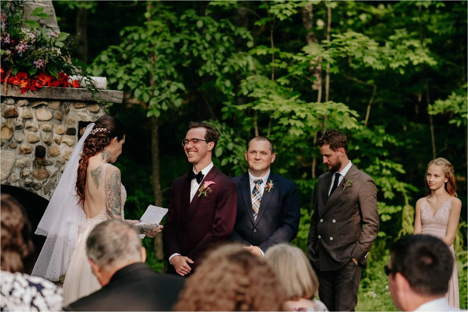 Wedding Ceremony at Whitney's In Jackson New Hampshire - Tattooed Bride wearing BHLDN Wedding Dress - Jemima Richards