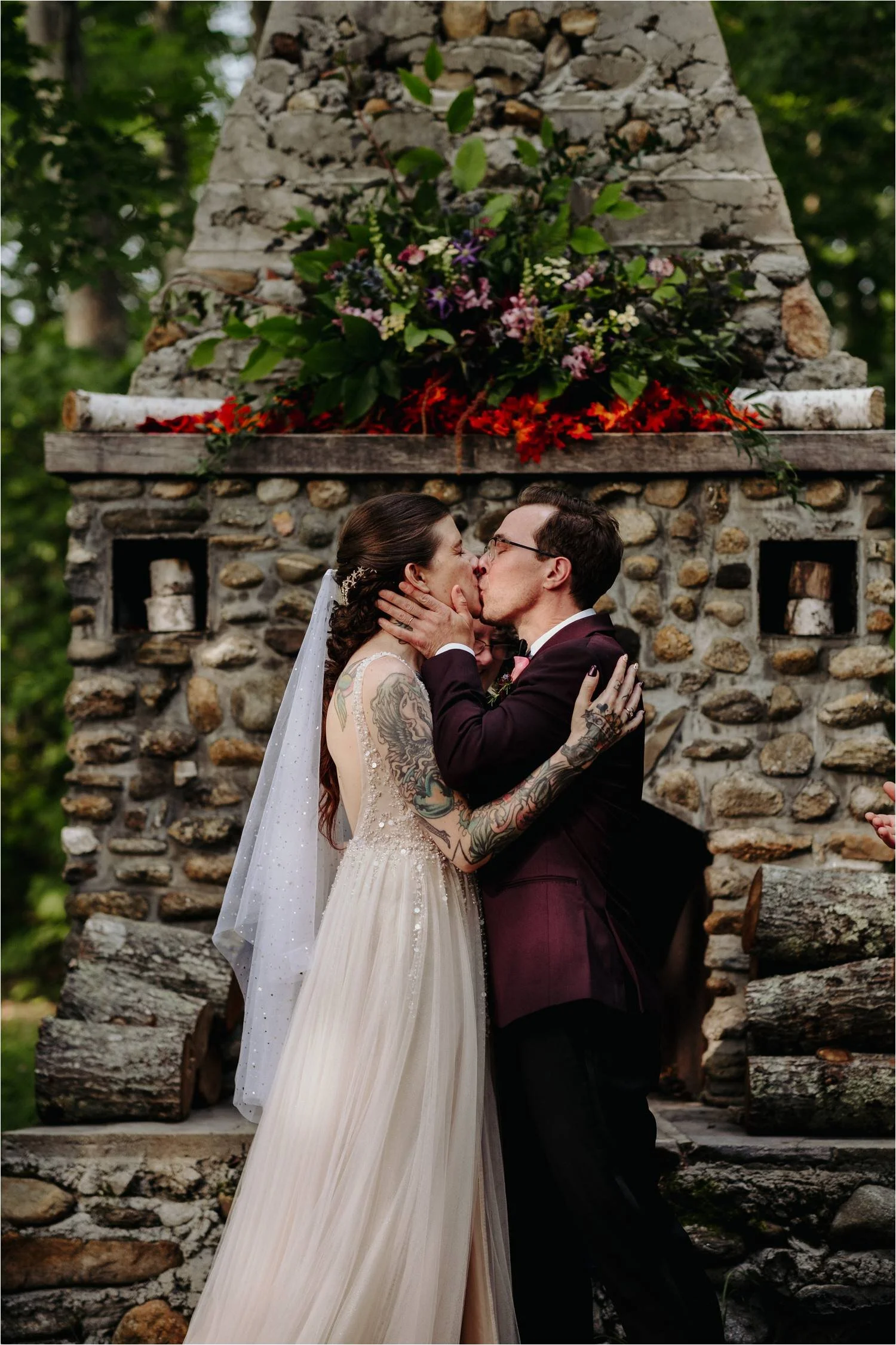 Wedding Ceremony at Whitney's In Jackson New Hampshire - Tattooed Bride wearing BHLDN Wedding Dress - Jemima Richards