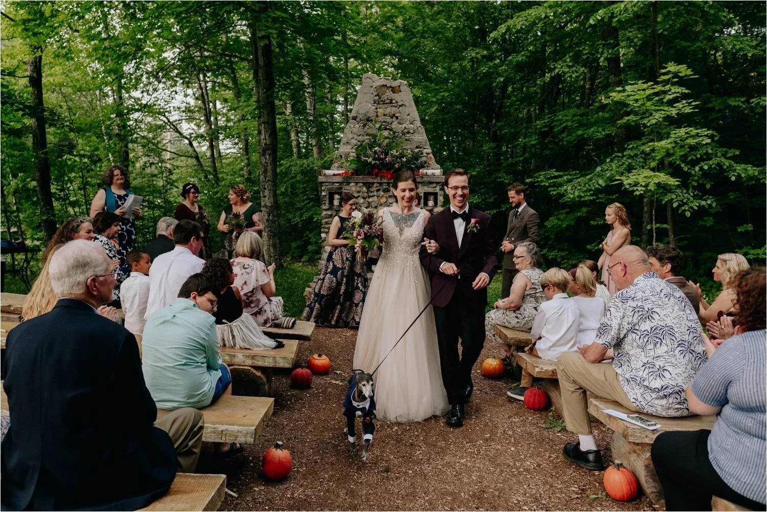 Wedding Ceremony at Whitney's In Jackson New Hampshire - Tattooed Bride wearing BHLDN Wedding Dress - Jemima Richards
