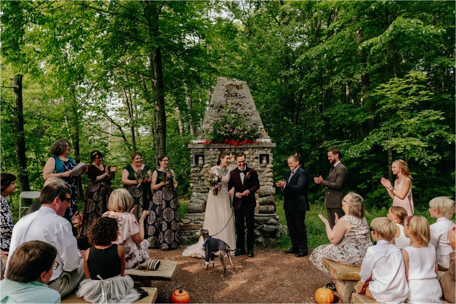Wedding Ceremony at Whitney's In Jackson New Hampshire - Tattooed Bride wearing BHLDN Wedding Dress - Jemima Richards