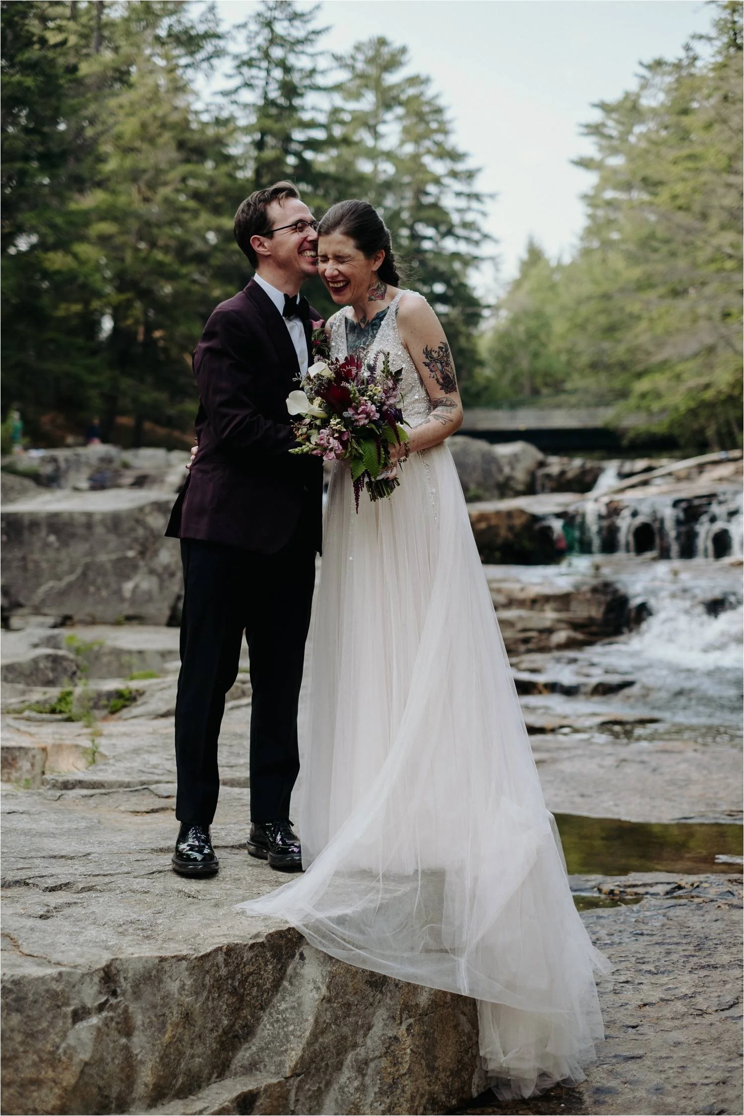 Tattooed Bride and Groom Wedding Portraits at Jackson Falls White Mountains New Hampshire - Jemima Richards - Jemima Richards