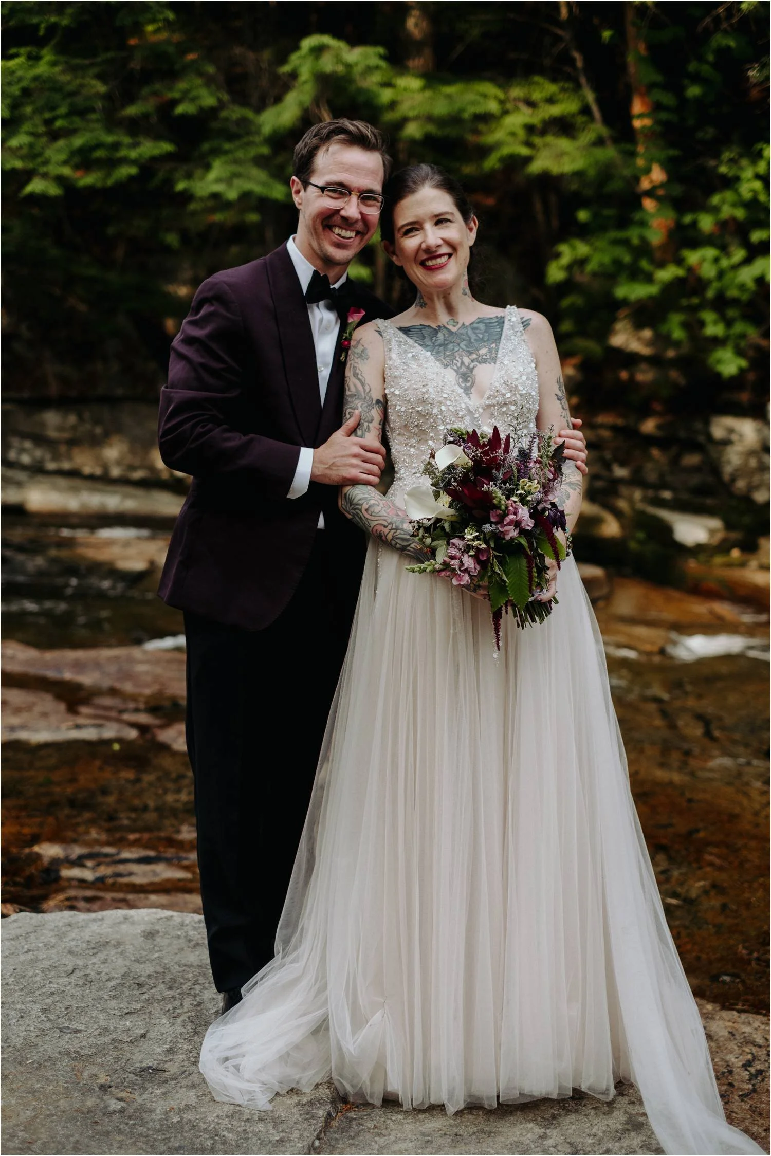 Tattooed Bride and Groom Wedding Portraits at Jackson Falls White Mountains New Hampshire - Jemima Richards - Jemima Richards