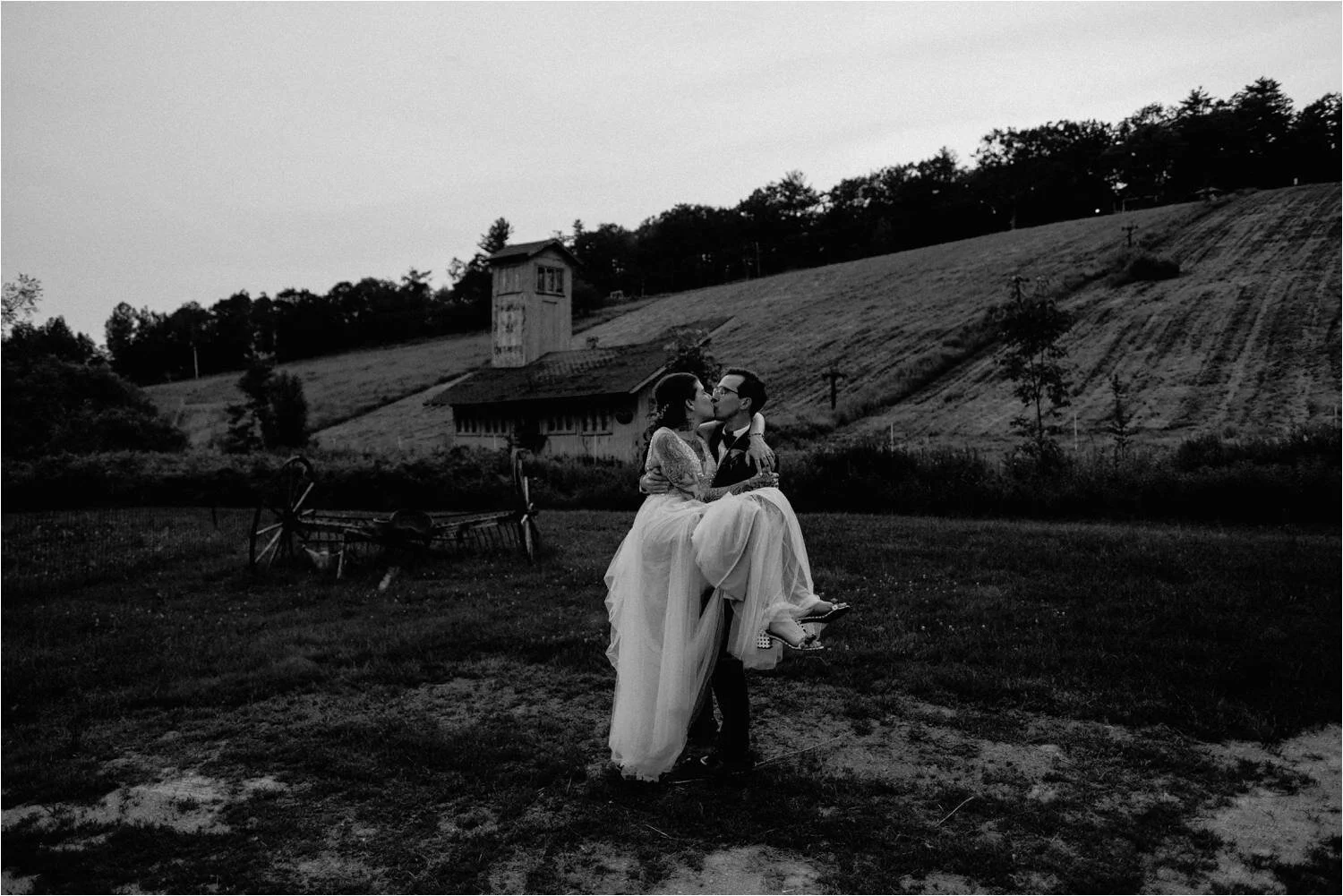 Tattooed Bride wearing BHLDN Wedding Dress & Groom at Whitney's Inn White Mountains New Hampshire - Jemima Richards