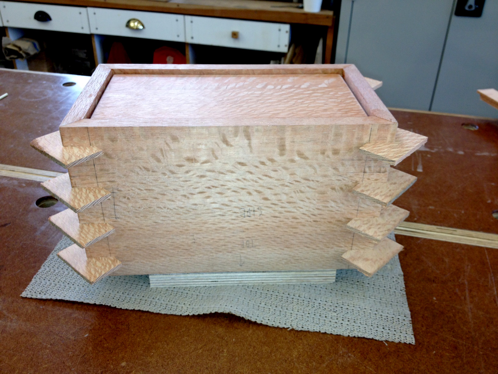 Jack's highly figured Silky Oak box before cutting the keys flush.