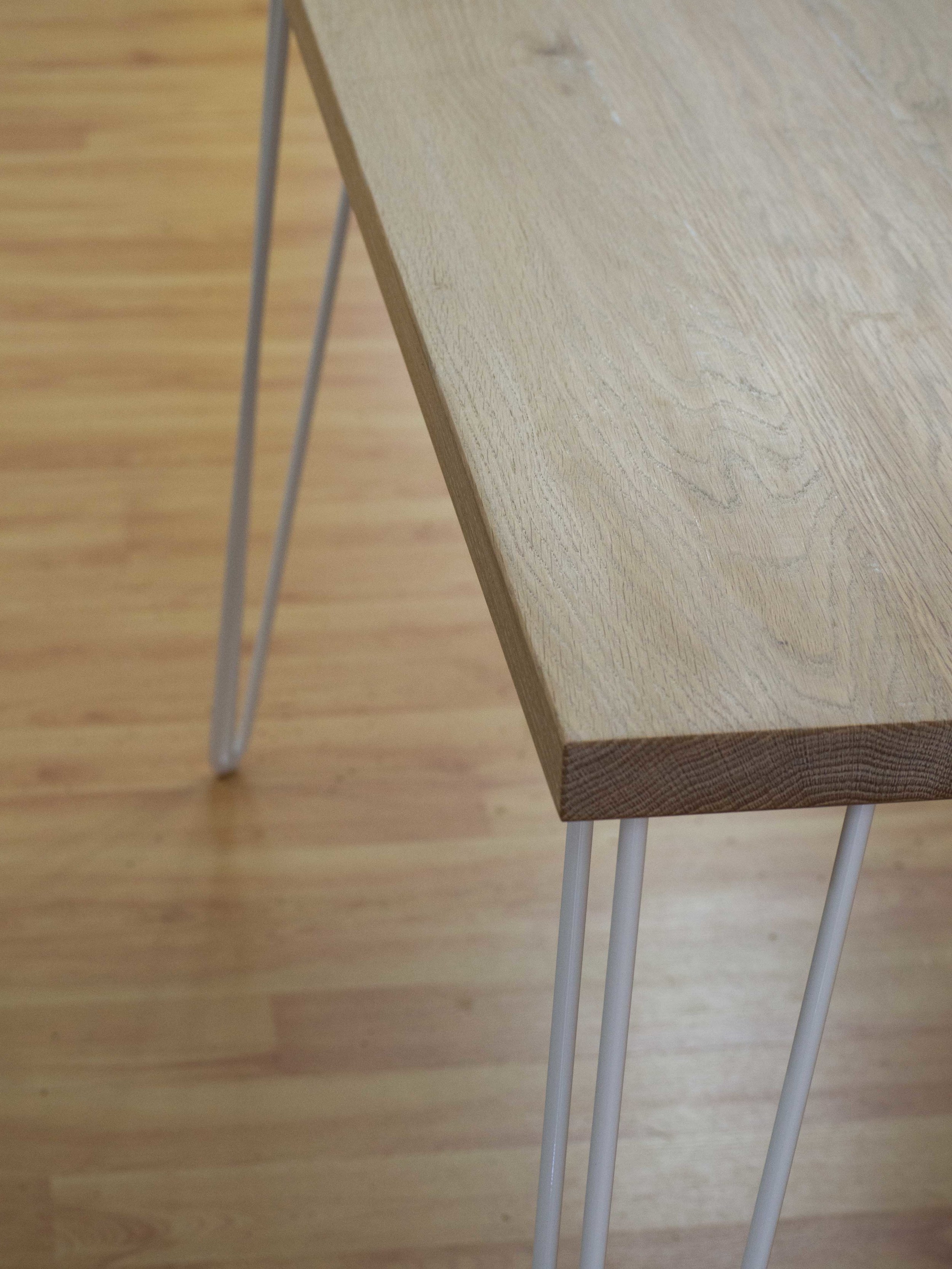 Sephanie's desk. Made with American white oak, lime finish and hair pin legs.