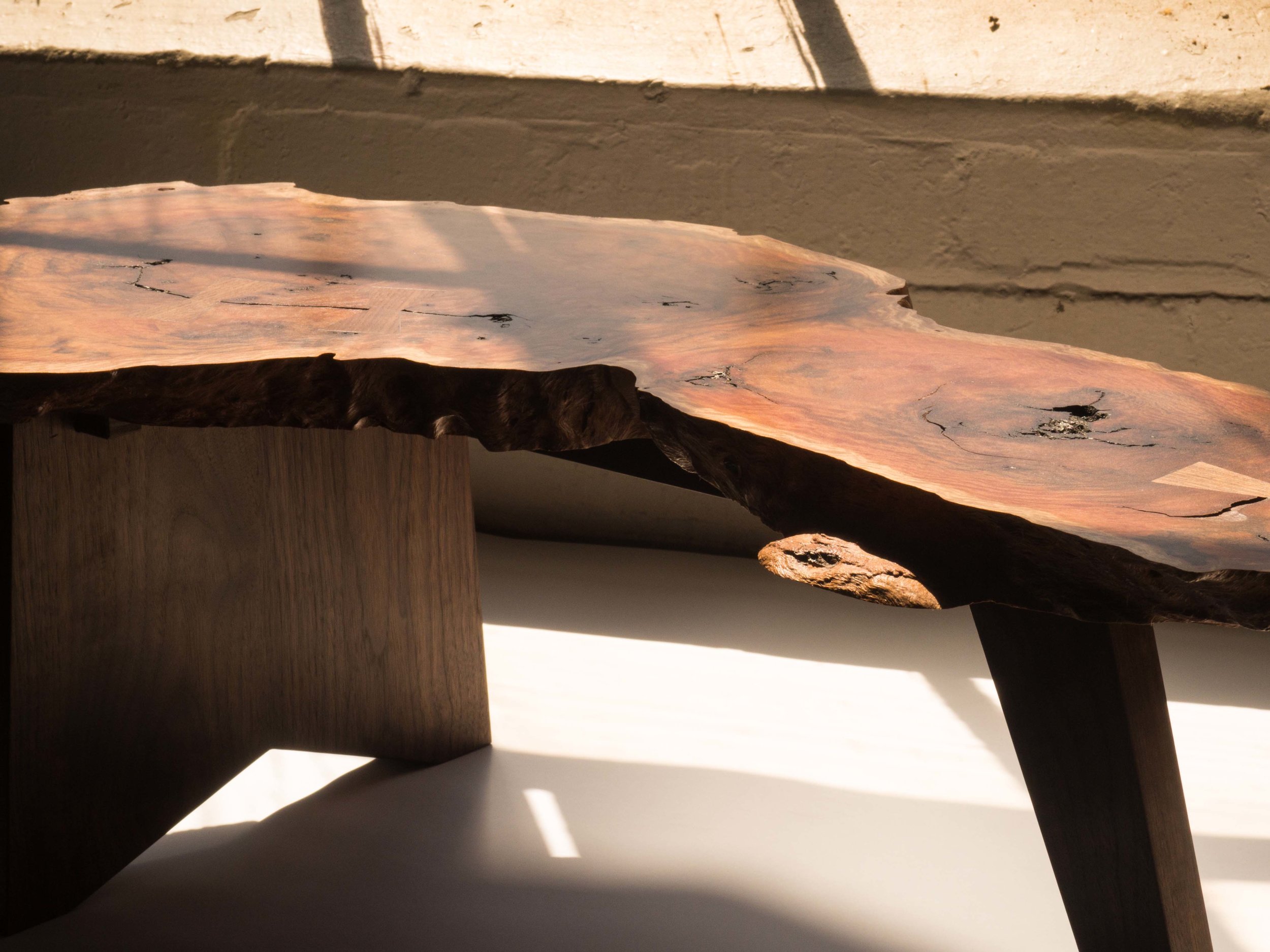 Nick's Nakashima inspired table. American Black Walnut base with Red River Gum burl top.