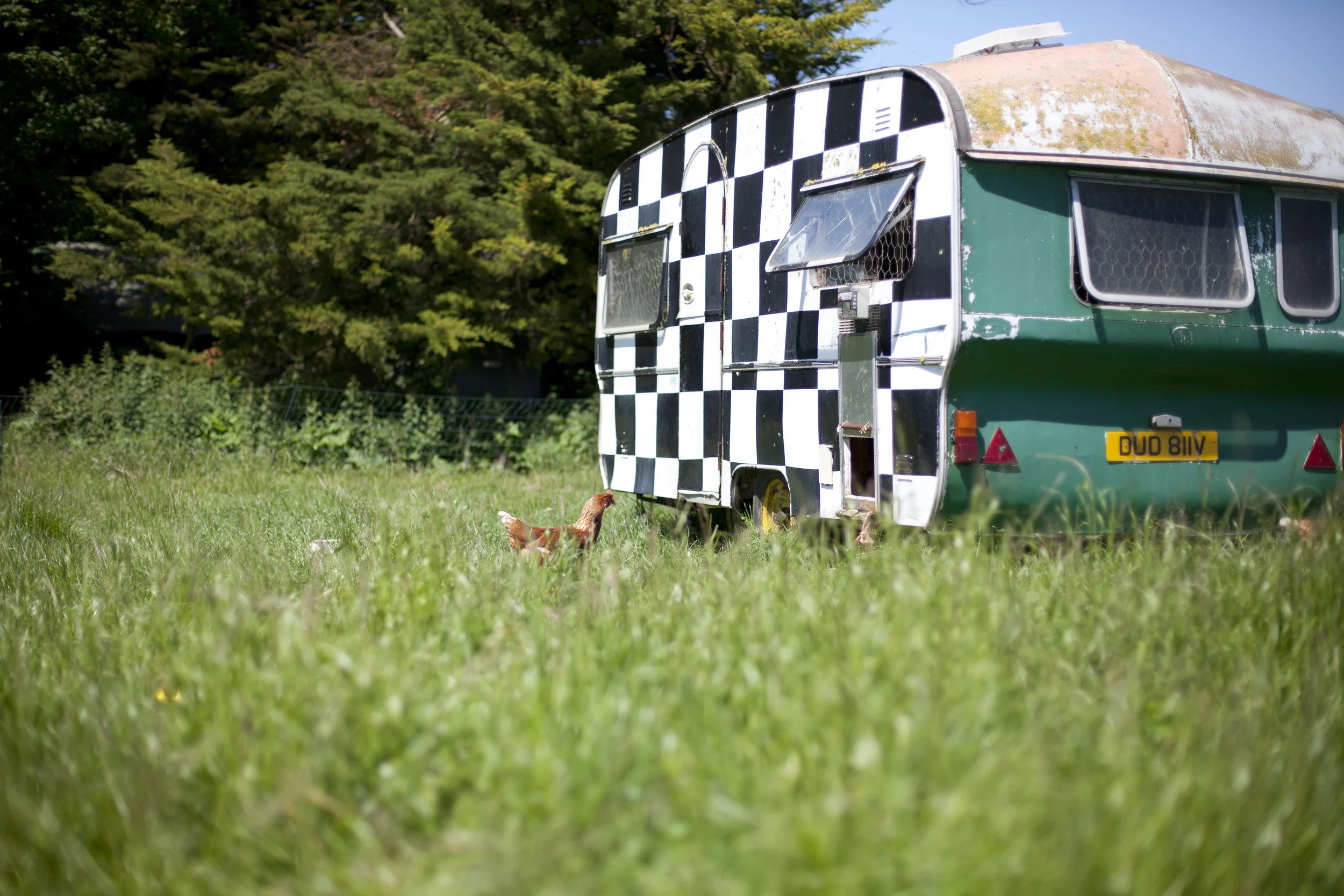 The Hen Caravan used to be the 'Banger Racing HQ'.. we kept it's very fetching check design