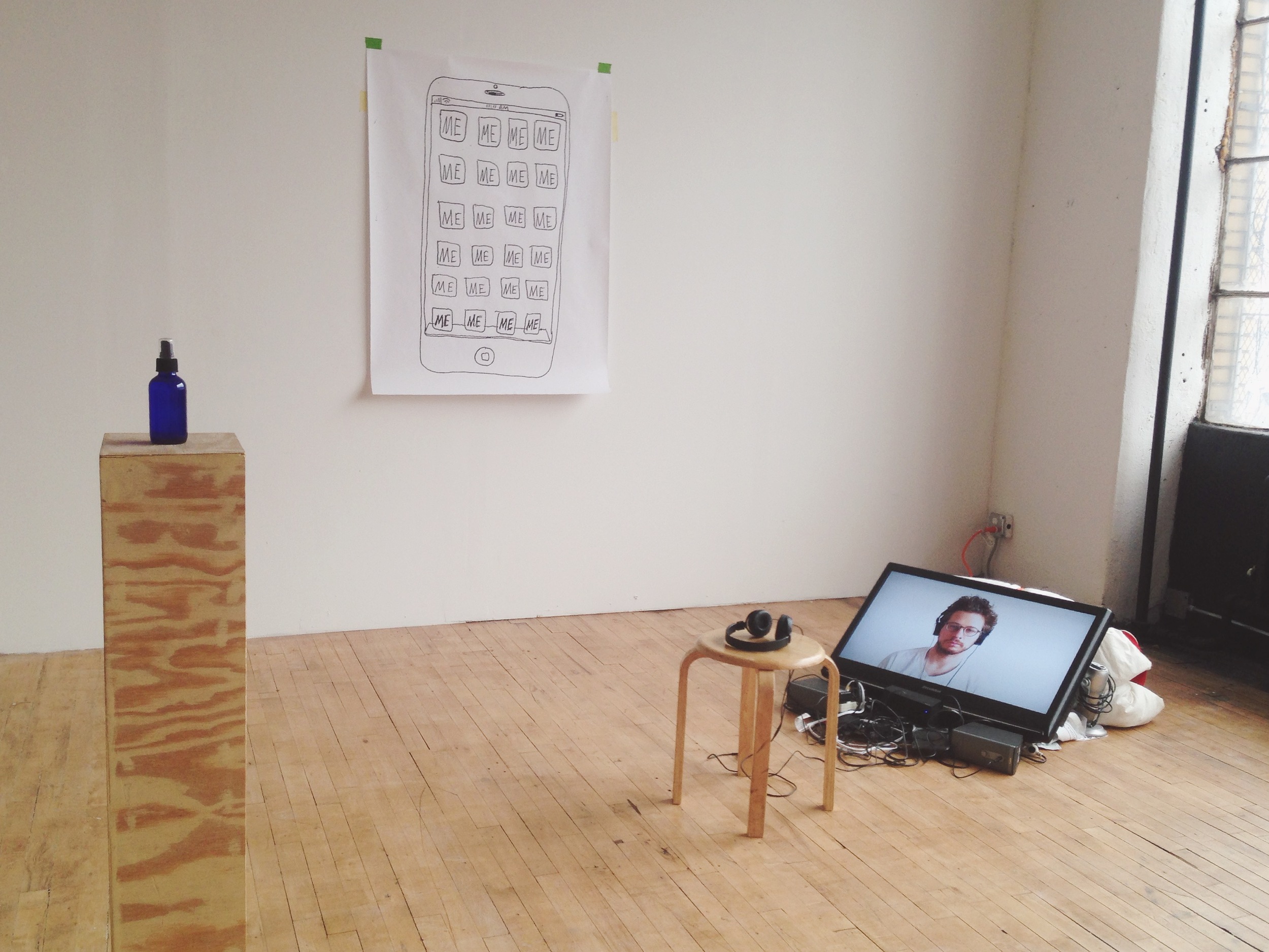 Installation view. Left to Right: Essence of Man Spray bottle, clary sage, laurel leaf, violet, white pine essential oils, Blessed Thistle, I Am Encoding, Lovejoy, Miconia Lundelliana, Peridot, Sunflower, True Spirit Flower Essences. Created by Flower Essence Practitioner Rhoni Groff based off of my social media profiles. edition of 3 + 1 Tester 2014 I downloaded some new apps today Inkjet engineer’s print limited edition of 3 + 1 AP 4’ x 3’ 2014 YOU/ME (I wonder if you can hear what I’m hearing) Single channel video installation with four-channel audio 6:58, continuous loop 2014