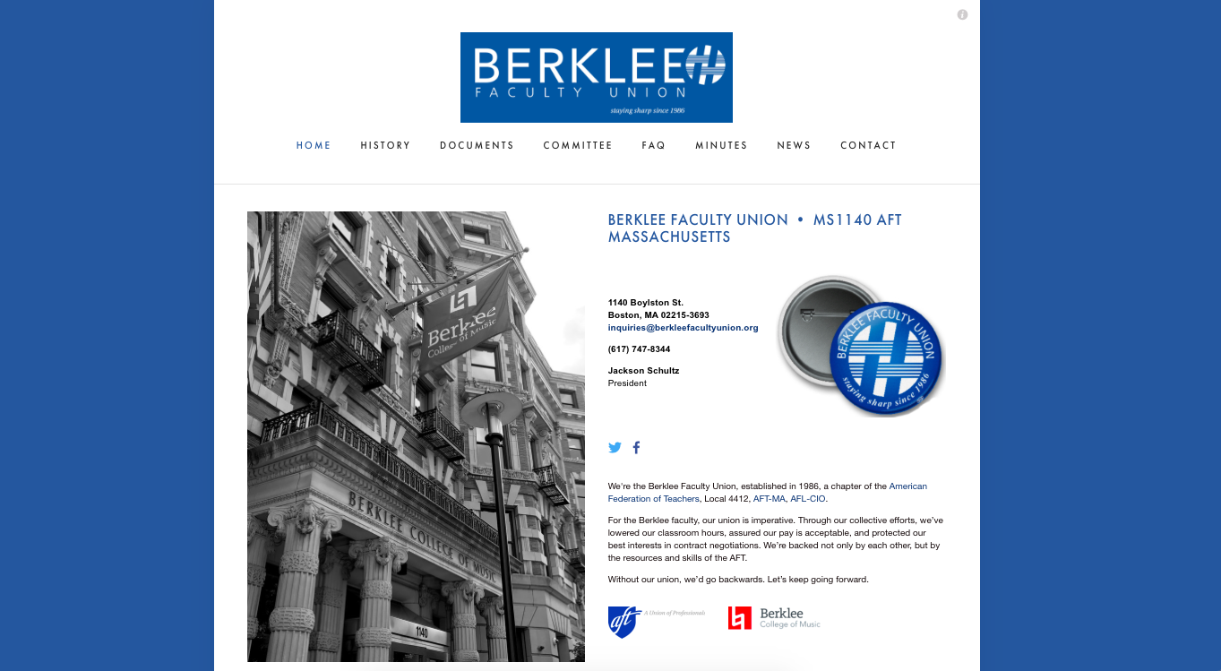 Berklee Faculty Union The Berklee Faculty Union , established in 1986, is a chapter of the American Federation of Teachers , Local 4412, AFT-MA , AFL-CIO .