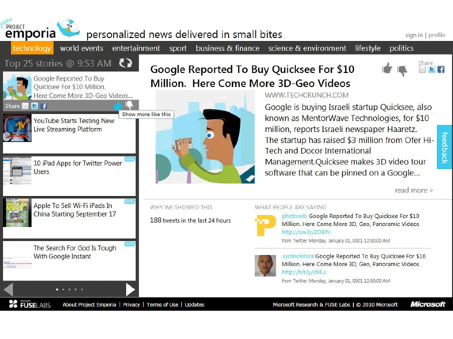 Project Emporia was a lab project I worked on with the Microsoft FUSE team in Cambridge, UK*. We were leveraging machine learning algorithms that automatically sorted data from the Twitter fire hose to recommend relevant articles to users. The data was organized into categories for easy browsing. I leveraged the Metro style to design a layout that could work on web, tablet and phone. *Note: These were the same awesome guys who worked on the True Skill system for X-Box.