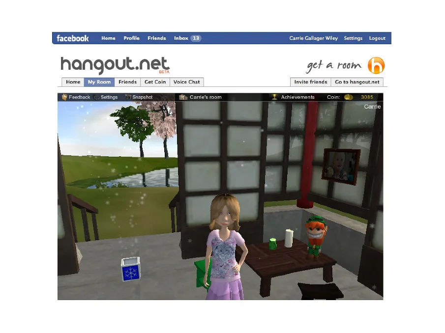 The entire Hangout experience worked embedded in Facebook making it easy to find friends and hangout. Users could decorate their own room and buy virtual goods that we would provide for holidays and other limited editions.