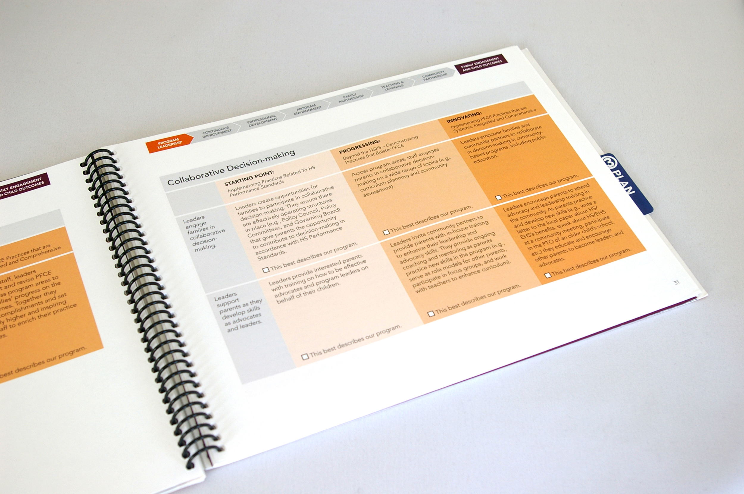 In order to track progress, I designed a "timeline" across the top of each page that highlights each stage as they progress. Each stage is represented by a table with criteria and three possible stages of progress. The worker simply checks the boxes that most closely describe where they are with their particular program.