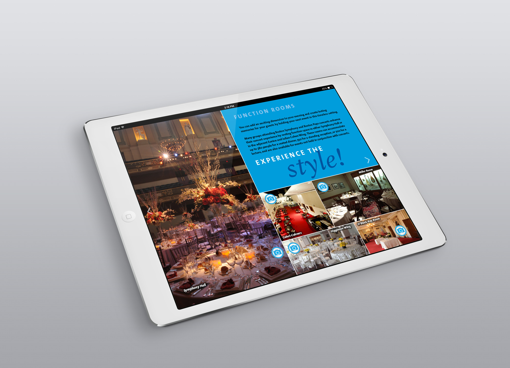We worked within the BSO's established brand identity standards to design an engaging experience intended to motivate the user to initiate contact. The app contains dozens of videos and slideshows that showcase the BSO's extensive offerings that many in their target audience were not aware of.