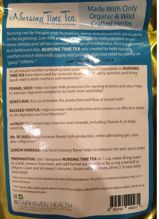 Back of the bag of Fairhaven Health's Nursing Time Tea!