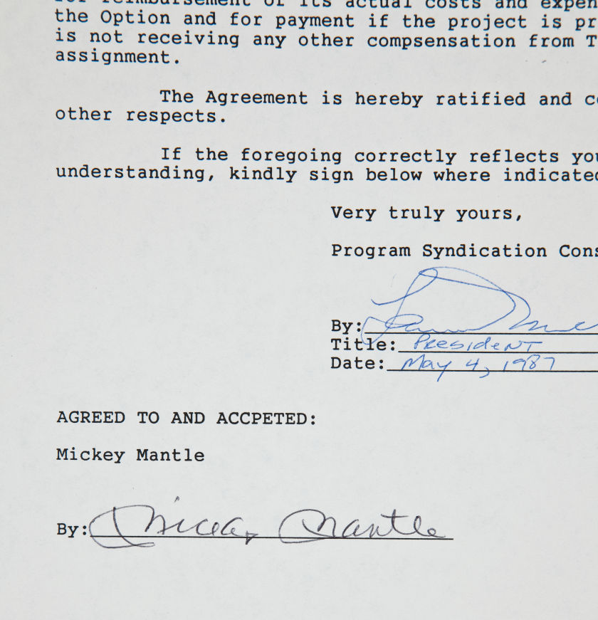 1987 Mickey Mantle Signed Book/Movie Contract.