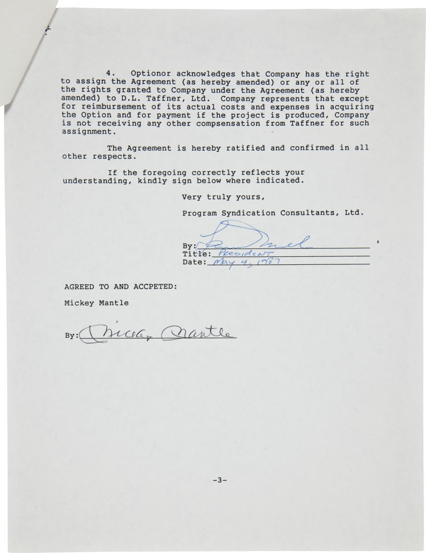 1987 Mickey Mantle Signed Book/Movie Contract.