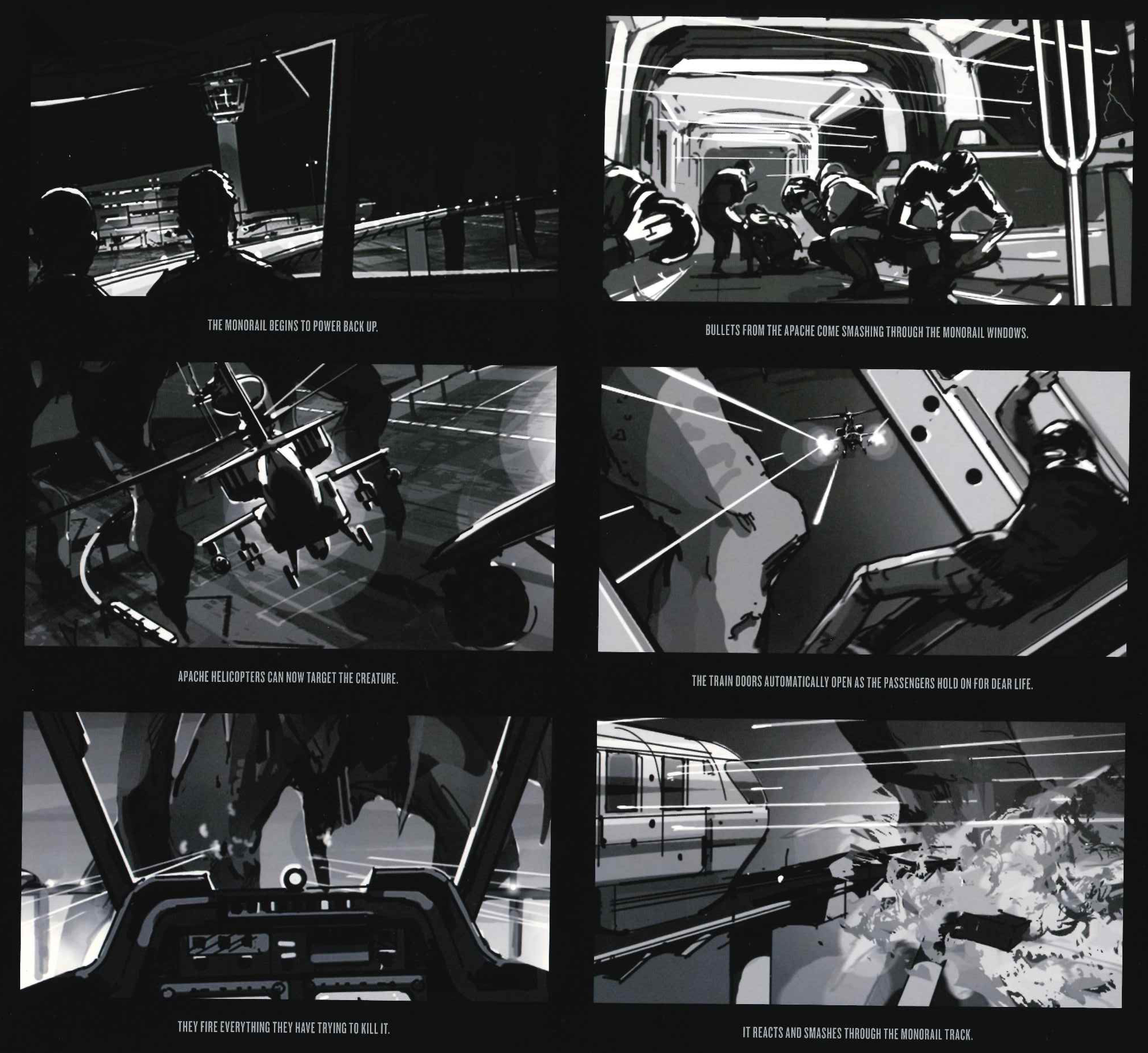 Storyboard que ilustra la secuencia de ataque al aeropuerto y monorail.