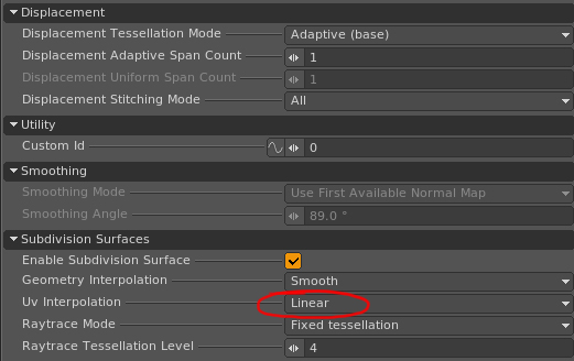 Cambiando UV Interpolation a Linear las UVs no se subdividen.