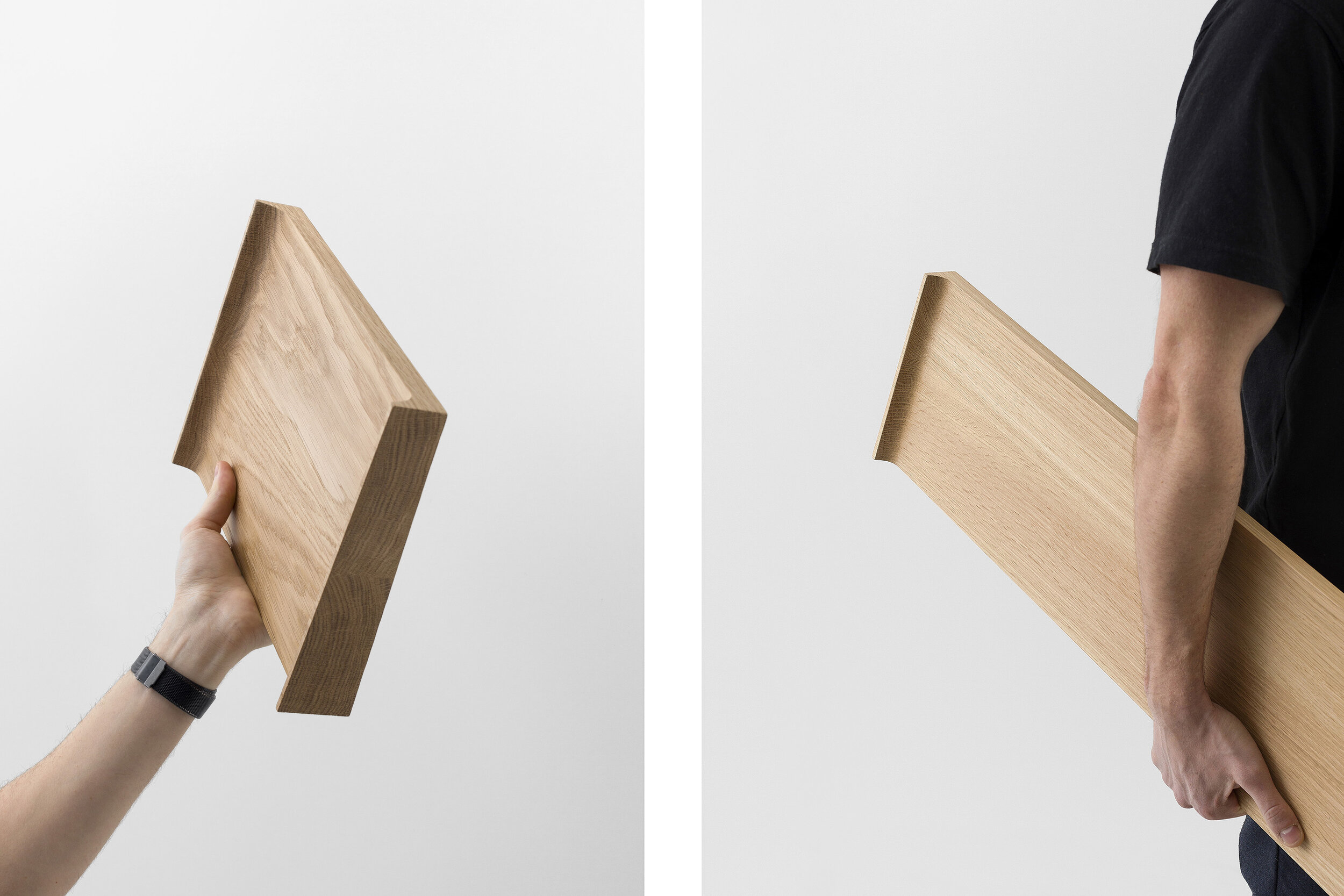 The curved profile of the shelves creates a subtle graphic element that compliments any wall.