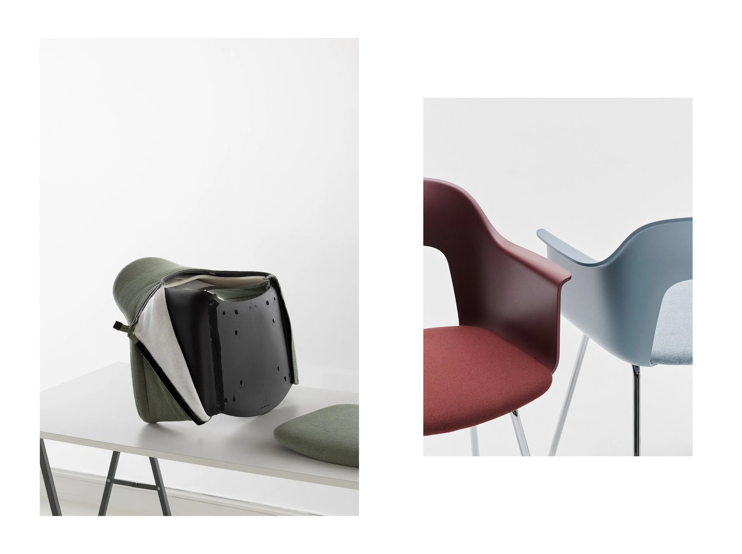 Designed for longevity, every component can be disassembled, repaired, and renewed – extending the chair’s life and embracing a circular approach to design. For upholstered models, a removable fabric cover with a discreet zipper is tucked into the b