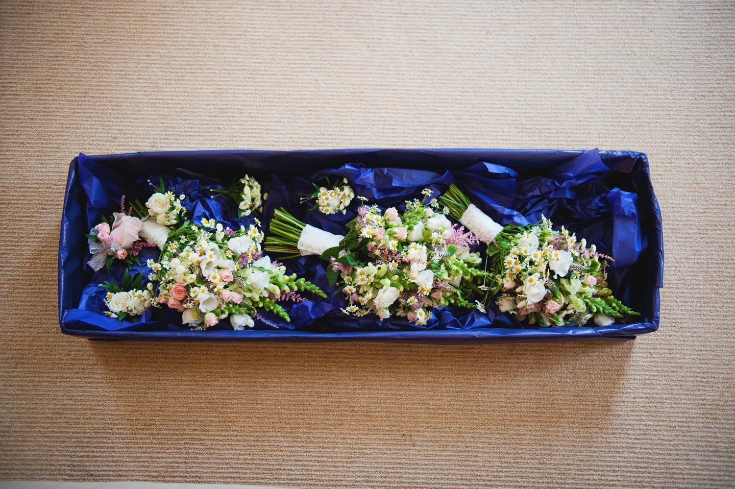 flowers in blue box on carpet kilshane house tipperary Ireland Wedding Photography