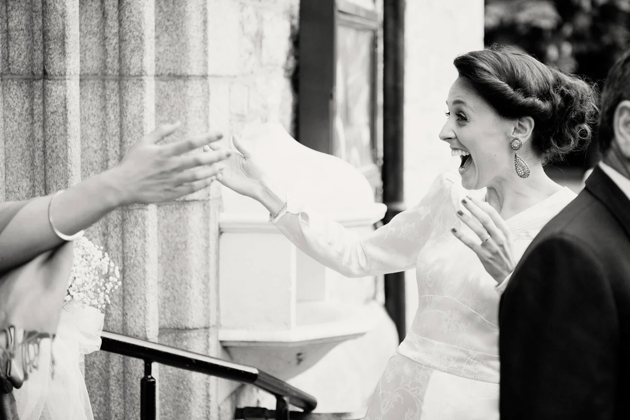 Bride laughing black and white Sandymount Church Ireland Wedding Photography