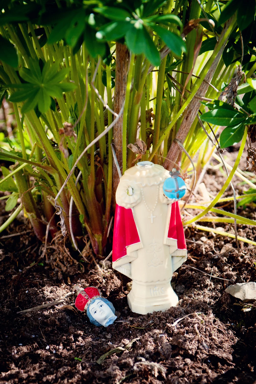 Child of prague under a bush on the morning of an Irish wedding to ensure good weather