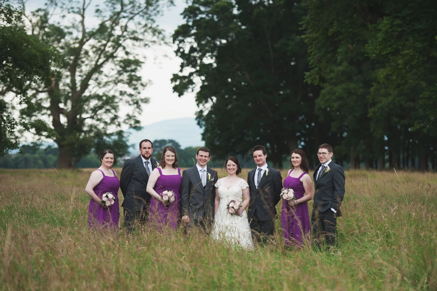 Bridal Party in the Phoenix Park, Dublin. Standing with mountain range in the background, forest around them and in tall grass.