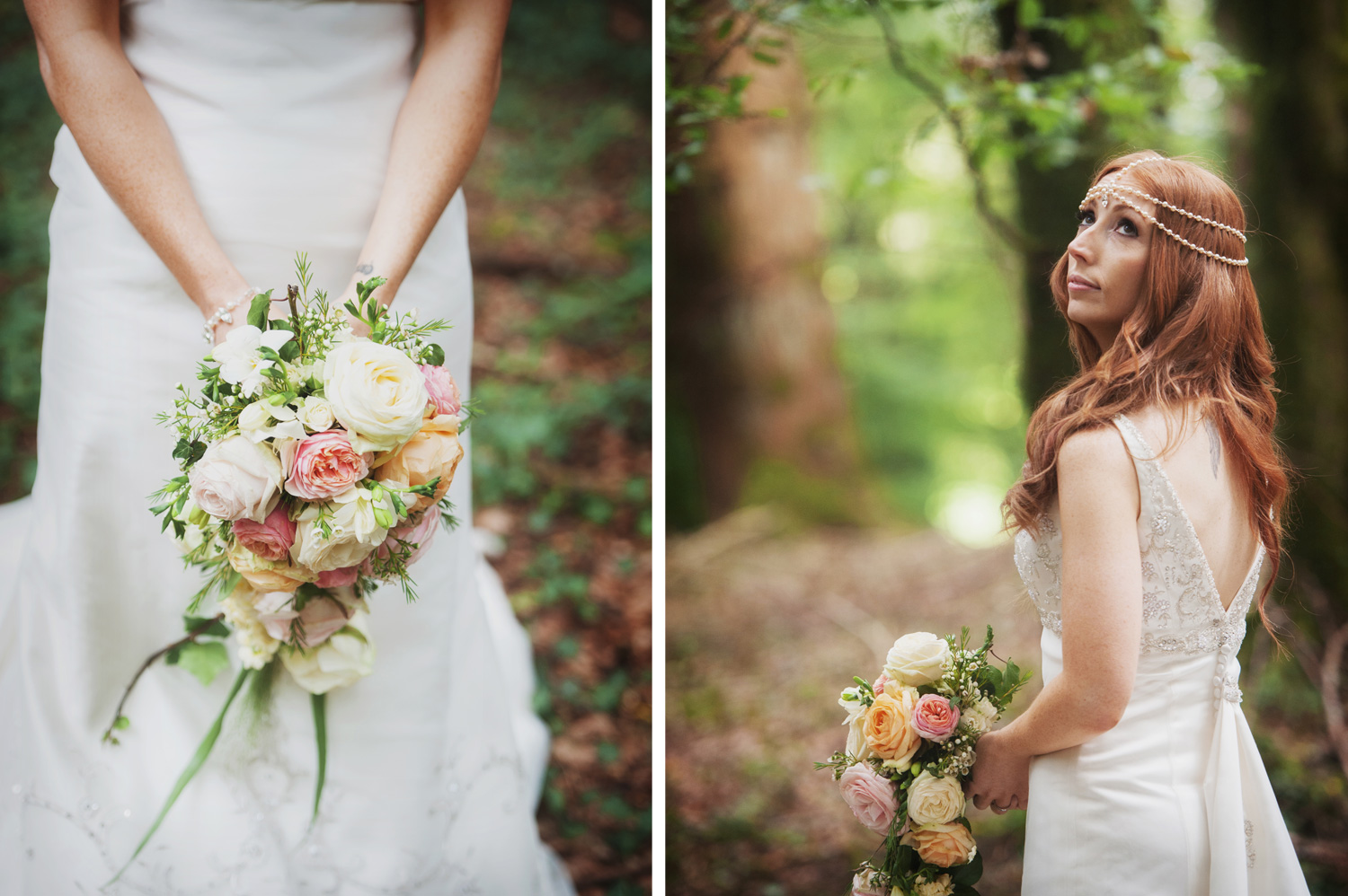 Bride in forest of Kinnitty Castle, Offaly holding bouquet of peonies.