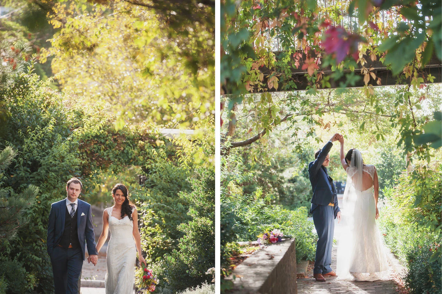 Groom and bride in Dublin Castle dancing under trees.