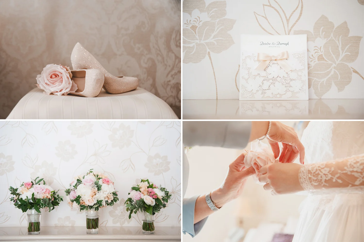 Morning details. Shoes, Flowers, Rose Dress detail and invitations. Wedding photography Ireland.