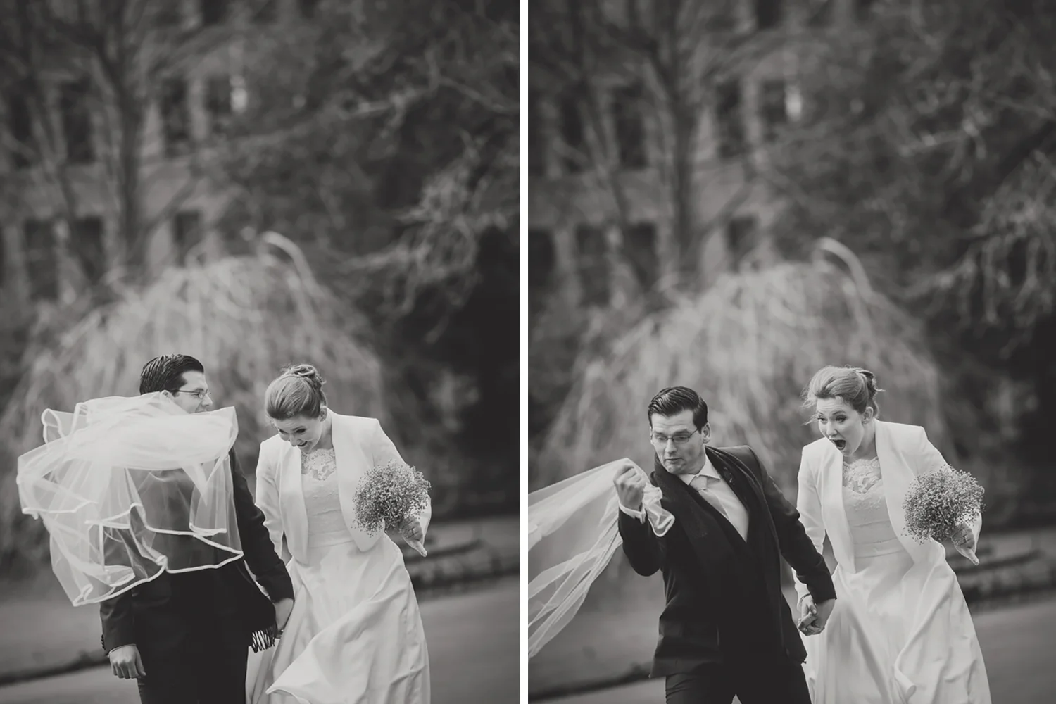Bride loses veil and groom catches it in St. Stephen's Green Park, Dublin. Wedding photography Ireland.
