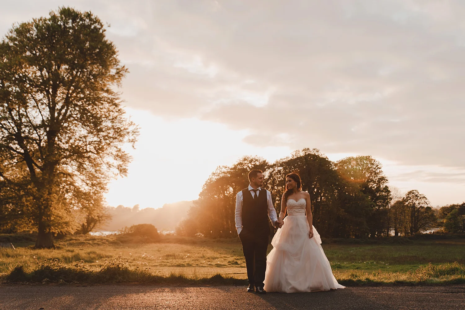 Bride and groom at sunset in waterford castle. Wedding photographer.