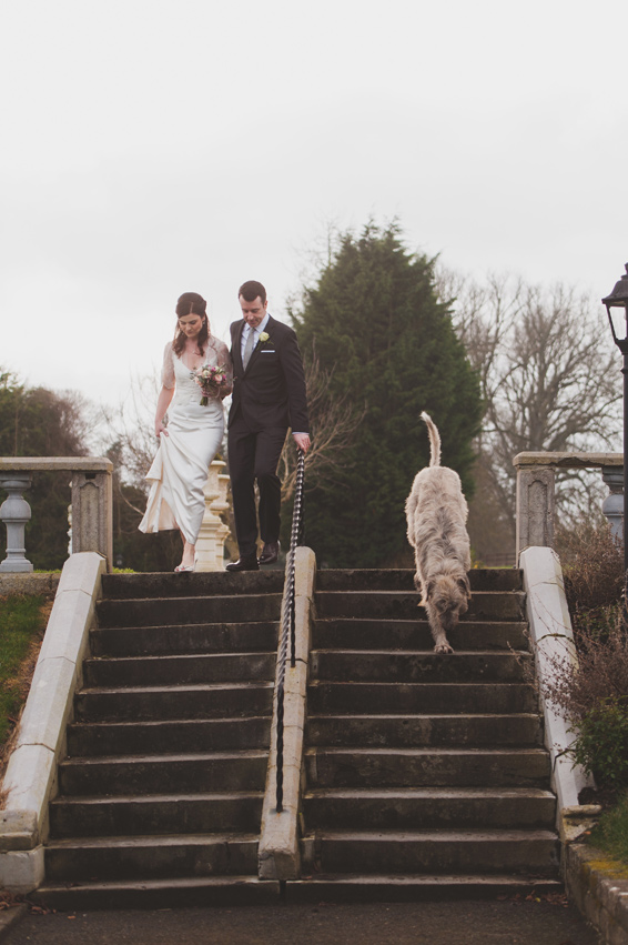 Couple walking down steps in Bellingham Castle Gardens Louth with Irish Wolfhound