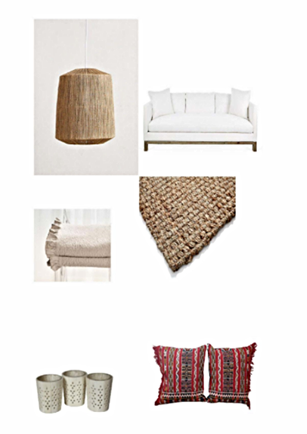 Bungalow pendant lamp- $198 Anthropologie , Cara sofa- $2499 One Kings Lane , Ruffle bedspread- $35-$249 Zara Home, Jake jute rug- $19-$345 One Kings Lane , Set of 3 bone tea light holders- $35 Hunters Alley , Moroccan pillows, set of 2-$345 Hunters Alley