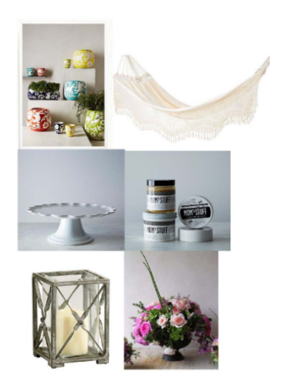 Concha Planters: $20-40 Anthropologie, Manaus Magesty Hammock: $139 One Kings Lane , Cake Platter: $99 Food 52 , Mom's Stuff skin salve: $24-$30 Food 52 , Candle holder: $38 Layla Grace , Flower arrangement: Rose Story Farm