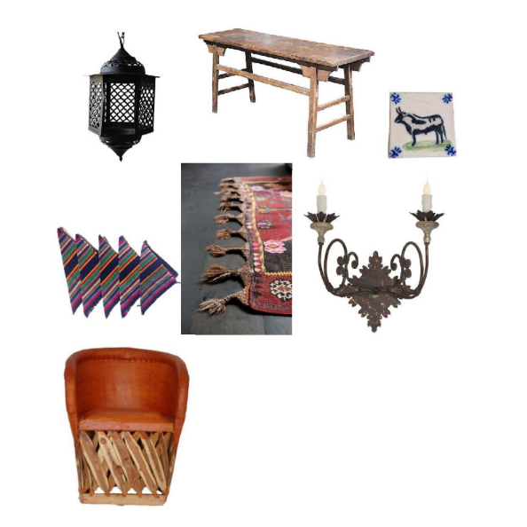Vintage Iron Pendant Light: $69 Hunters Alley, Cantwell Table: $849 One Kings Lane , Hand Painted Bull Tile: $30 Hunters Alley , Fiesta Cloth Napkins: $19 Hunters Alley , Kilim Rug: le souk, Adian Gray Wall Sconce: $338 Layla Grayce , Equipale Leather Chair: $185 Amazon 
