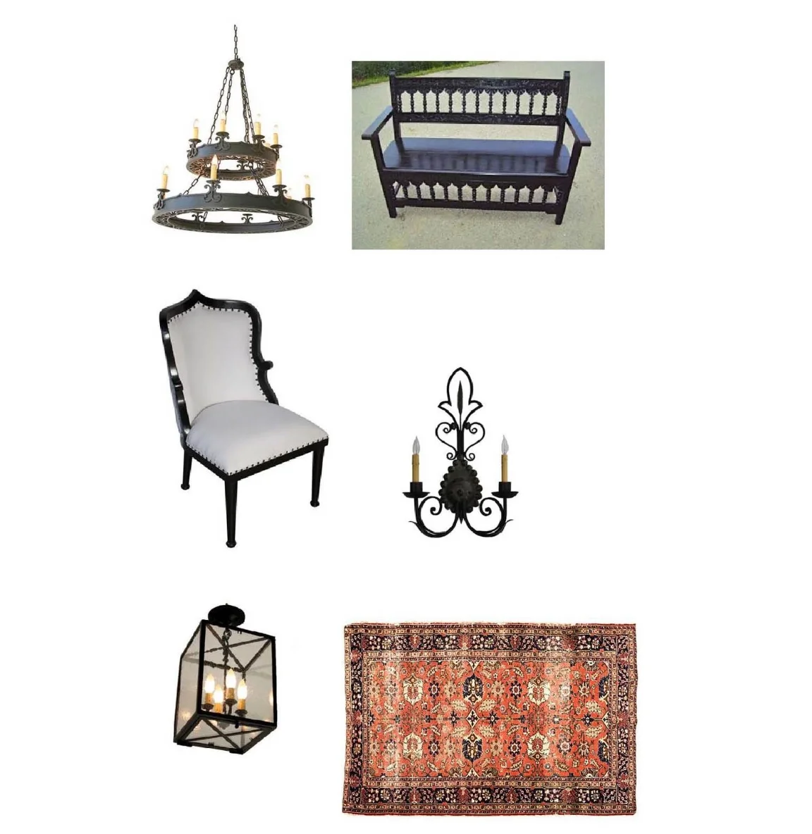 Chandelier: Steven Handelman Studios , Carved walnut antique bench: Mediterrania Antiques , Noir Cindra Chair: $696 Layla Grayce , Light Sconce: $515 Hacienda Light and Iron , Antonelli Pendant: $515 Steven Handelman , Antique Persian Mahal: $1,999 One Kings Lane 