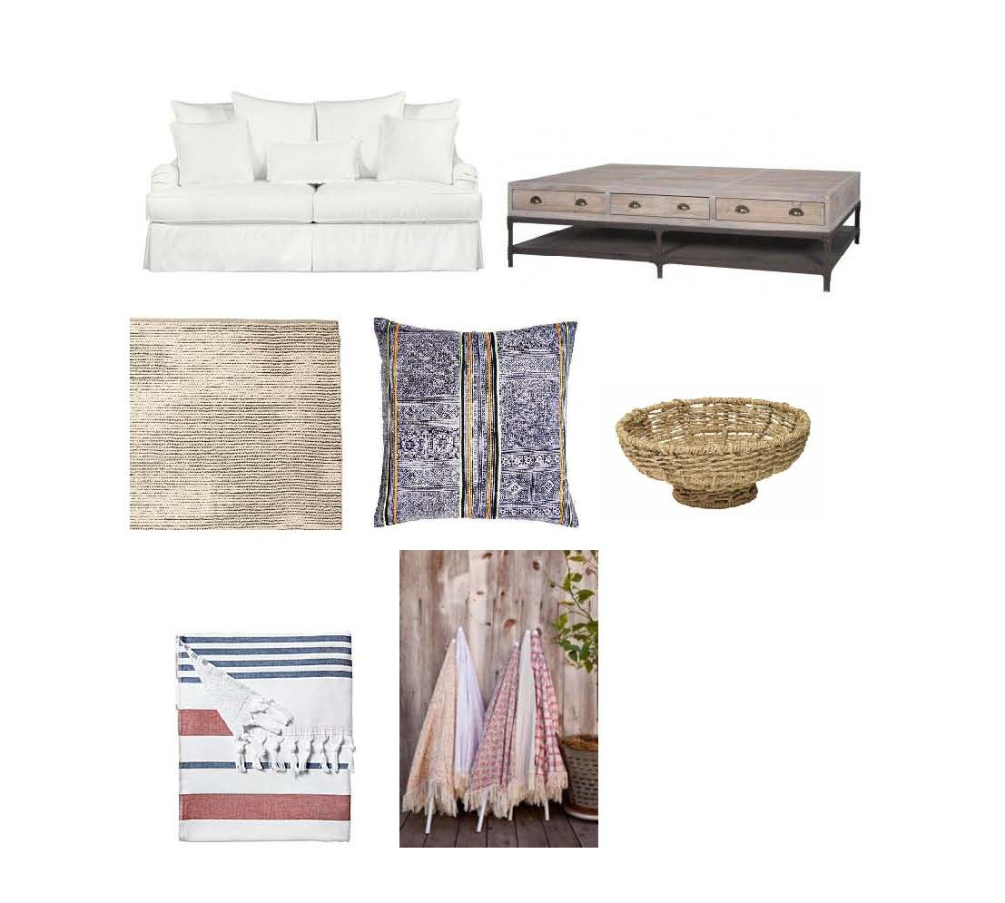 Zurie sofa: $1,540-$3,248 Layla Grayce , Eden Rock Table: $1,995 Calypso , Rope Rug: $195-$1,195 Serena and Lily , Vintage hill tribe batik pillow: $335 Calypso , Jute Bowl: $59 One Kings Lane , Beach Towel: $48 Serena and Lily , Kerri Cassill beach umbrellas